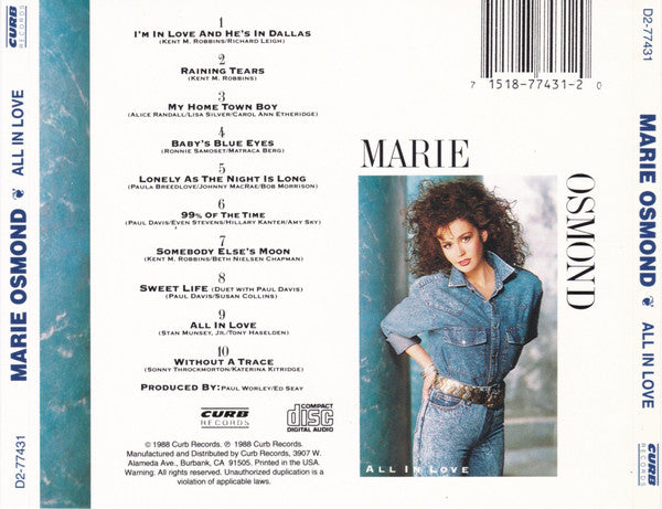 Marie Osmond All In Love *CD* CD Mint (M) Mint (M)